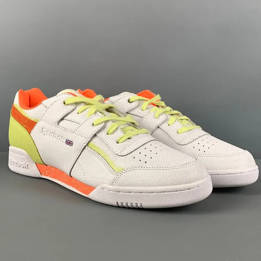 REEBOK Size 10.5 White Orange & Green Leather Lace Up Sneakers